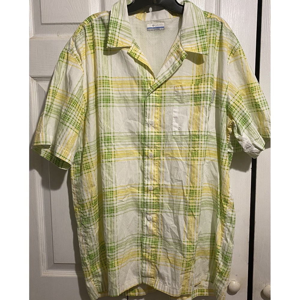Columbia xl yellow green button up shirt Mens fishing beach pocket